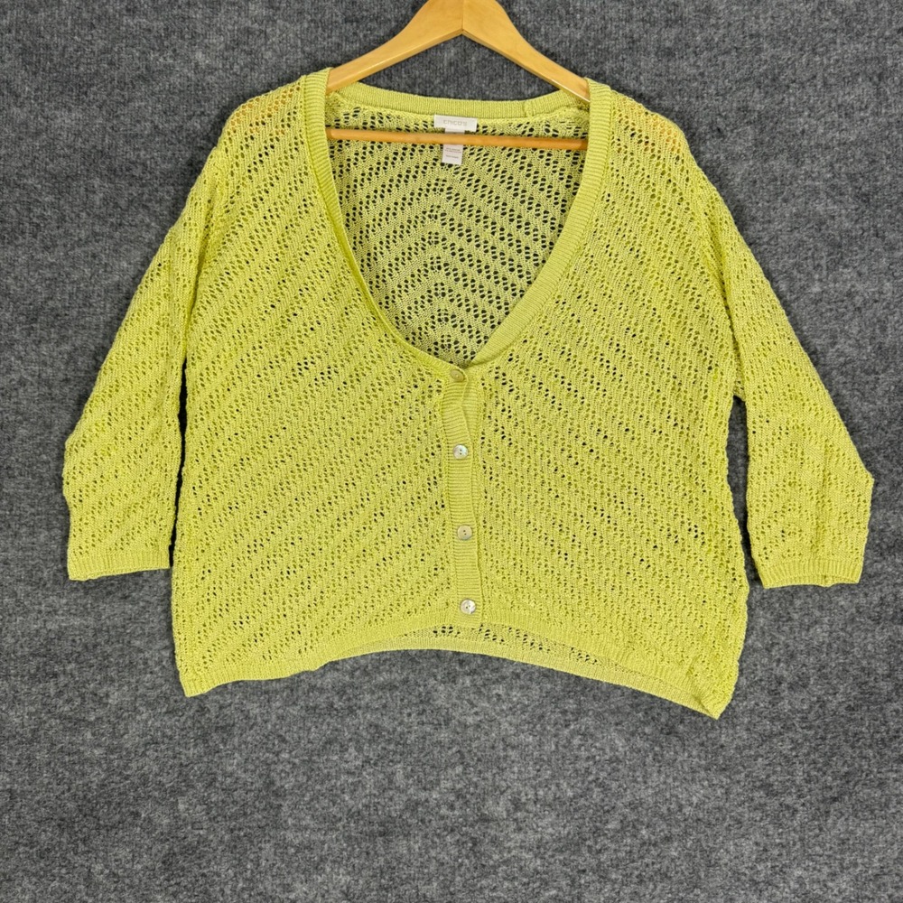 Chicos Cardigan Pointelle Open Knit Womens Size 2 Large Lime Green Rayon EUC